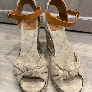 Size 6.5 Tory Burch Beige Canvas Espadrille Wedge Sandals with Tan Ankle Strap